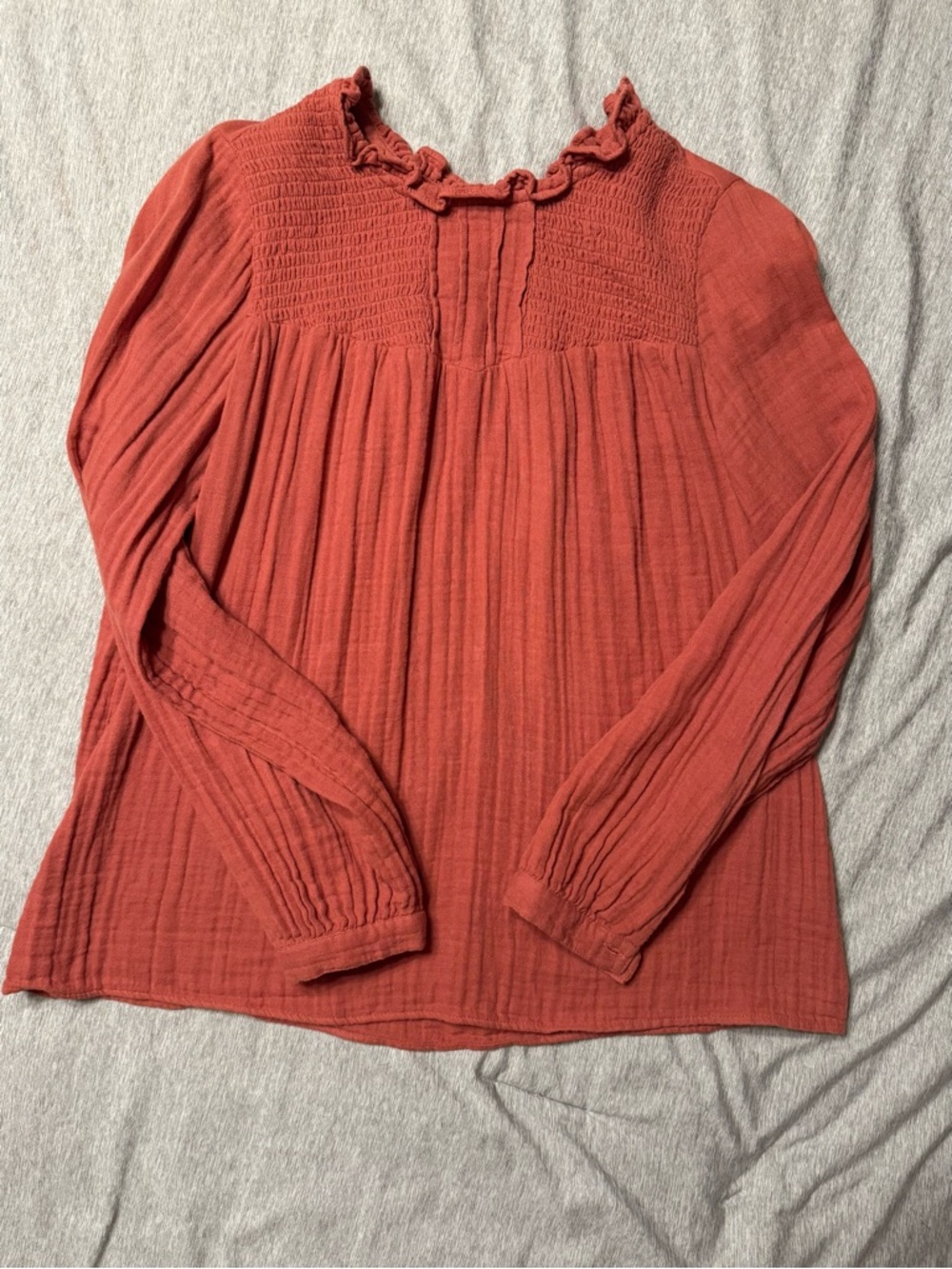Sonoma Rust Smocked Ruffle-Neck Blouse